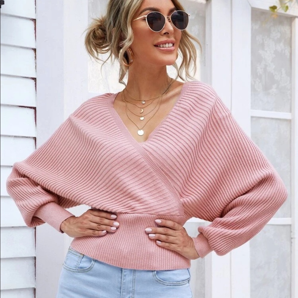 Surplice V Neck Knit Sweater White - Picture 7 of 8